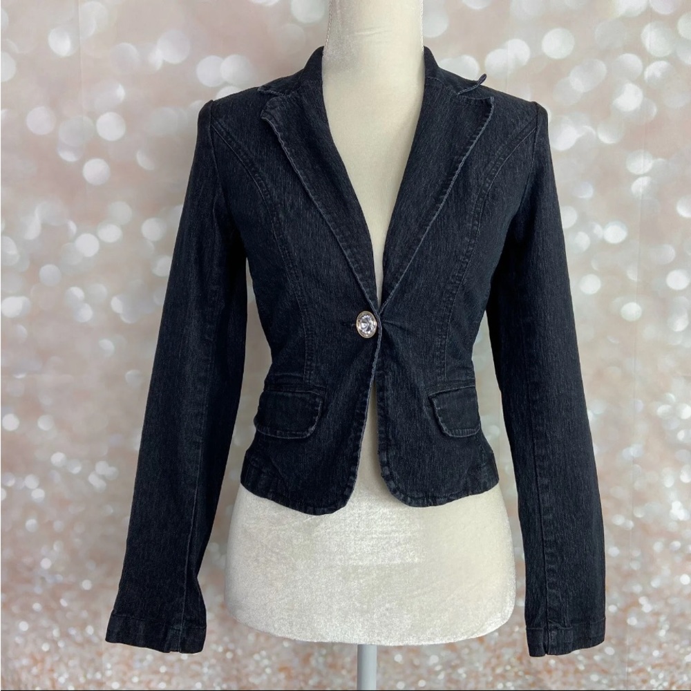 BISOU BISOU Michele Bohbot Black Cotton Blend Jean Denim Jacket Size 14